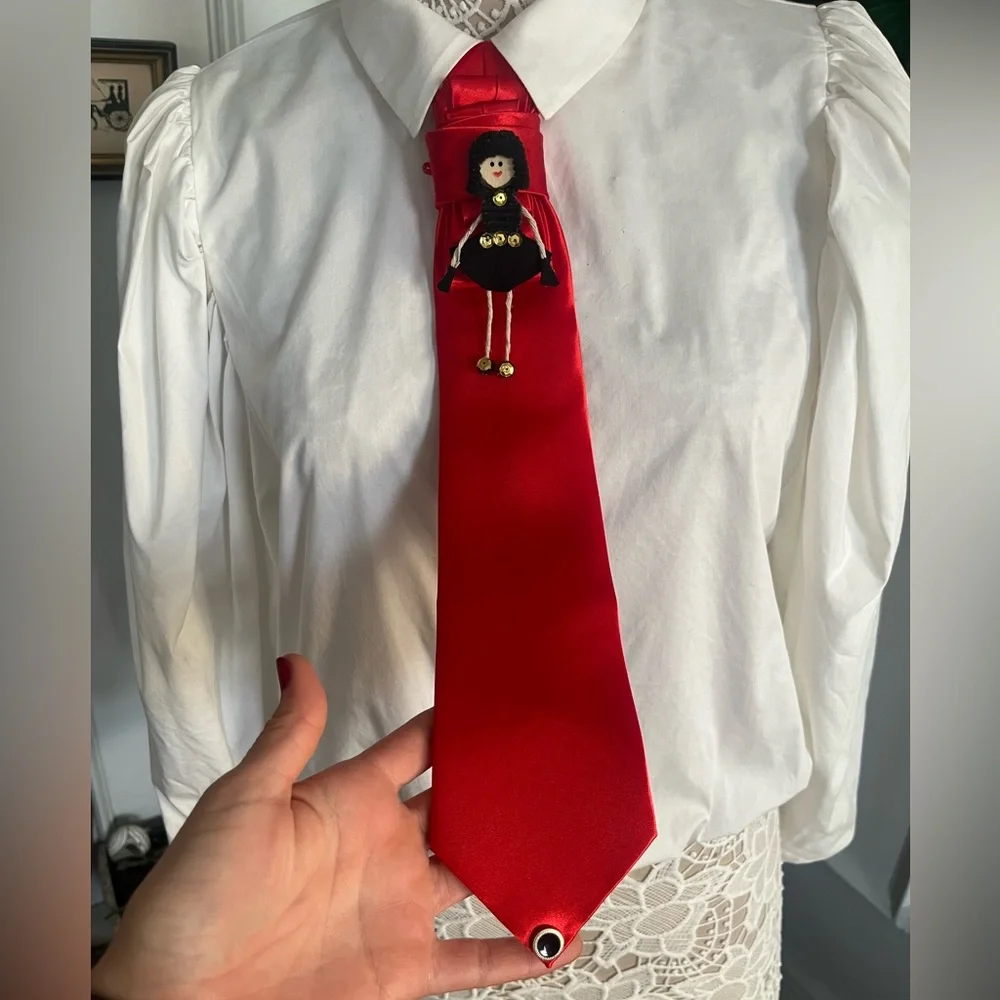 NWT Red women Tie with handmade Doll brooch and pin Accessory